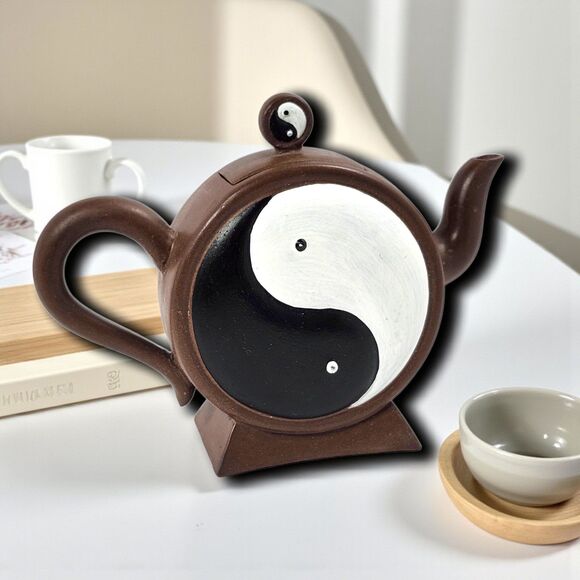 Yin Yang Brown Ceramic Decorative Teapot Figurine Black & White Tao Symbol 7.5" - Picture 1 of 11